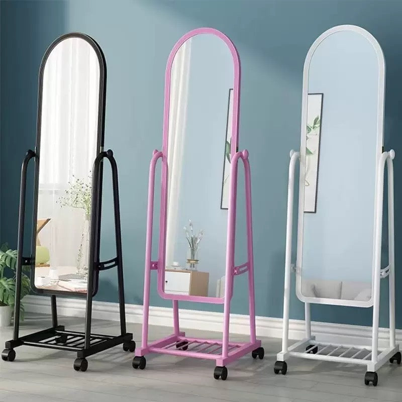 Modern Arched Full-Length Standing Mirror – Rolling Swivel Base with Storage Rack