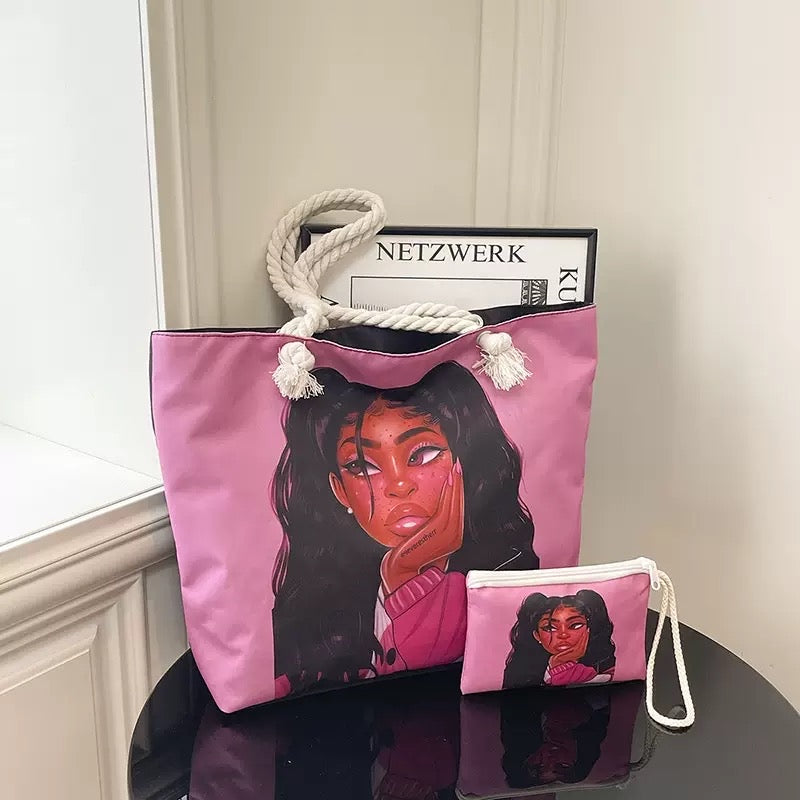 Dreamy Aesthetic Canvas Tote Bag & Matching Mini Pouch Set