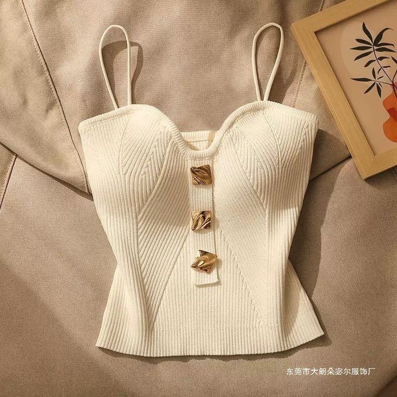 Sculpted Ribbed Knit Bustier – Sleeveless Camisole with Gold Accents