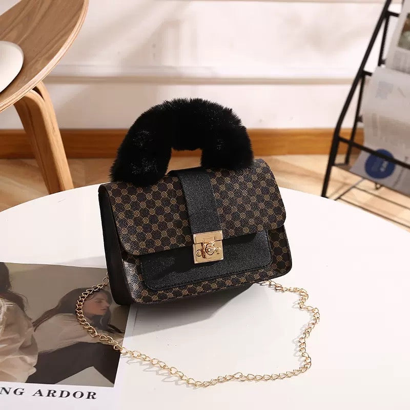 The Cozy Monogram Clutch – Elegant Handbag with Faux-Fur Handle